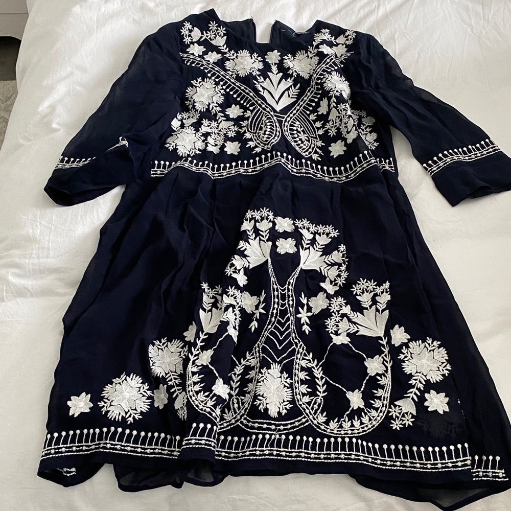 French Connection Navy Dress with White Floral Embroidery